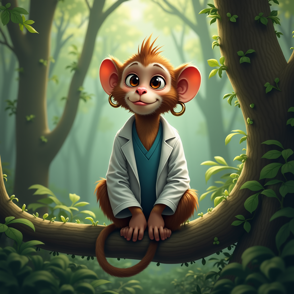 A cute cartoon monkey wearing a white coat sits on a tree branch in a lush forest.