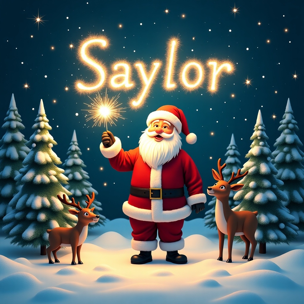 This image features Santa Claus standing in a snowy landscape, holding a sparkler that creates the word 'Saylor' in the starry sky. Flanking him are tall evergreen trees dusted with snow, enhancing the winter atmosphere. A curious reindeer stands by his side, adding to the holiday charm. The scene is illuminated with a soft, magical glow that highlights the joy of Christmas. The stars twinkle around the enchanting display, creating a festive and warm feeling.