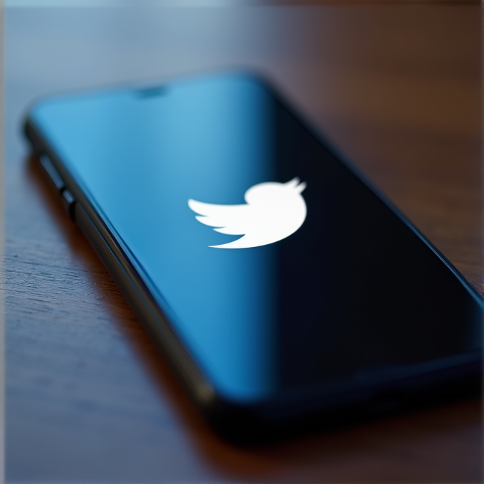 A smartphone resting on a wooden surface displays the illuminated Twitter logo on its screen.