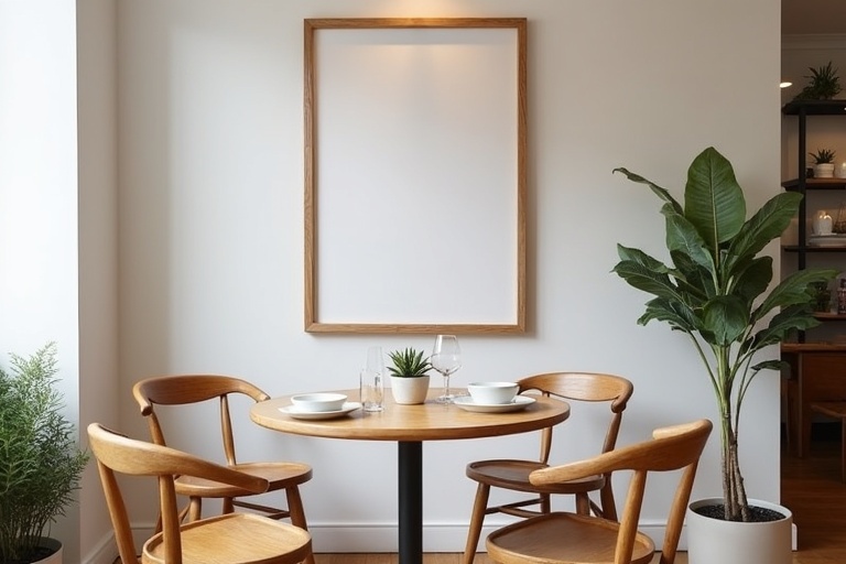 Modern café interior with a cozy vibe. Features an empty frame on the wall. Round wooden table has two white plates and glasses. Simple wooden chairs with a minimalist design. Wooden floor adds elegance. Small plant pot on the table. Hint of additional café elements and greenery nearby.