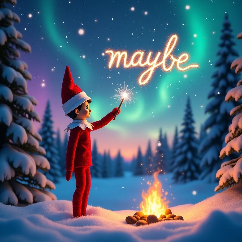 Traditional red elf stands in snowy forest. Magic wand twinkles. Elf writes 'maybe' in sky. Snowflakes dance around elf. Horizon glows with northern lights. Campfire crackles nearby. Warm glow over snow-covered trees. Elf evokes holiday spirit.