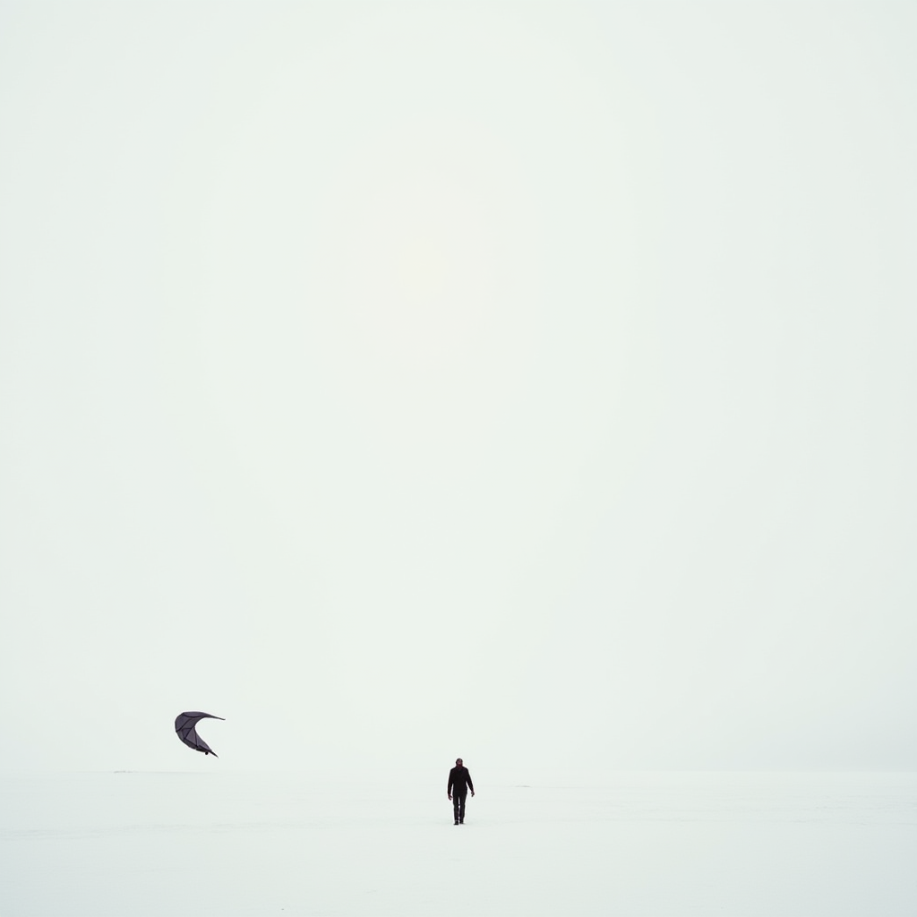 A lone figure walks across a vast, snowy landscape with a small kite flying nearby.