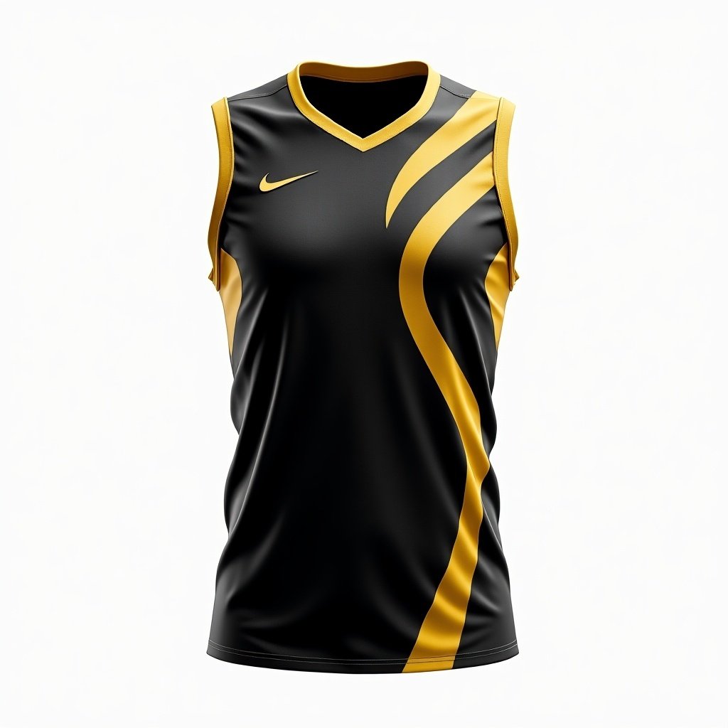 The image is a design of a sleeveless volleyball jersey. It features a sleek black base complemented by gold accents. The jersey showcases a modern design with a unique diagonal gold stripe. The Nike logo is prominently displayed on the chest area. The jersey is designed for both aesthetics and performance, catering to athletes and fans alike. Ideal for team sports, this jersey represents a blend of style and functionality.