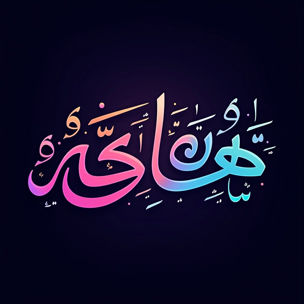 This image features vibrant Arabic text with stylized letters on a dark background. The text displays a gradient of colors, transitioning from purple to pink and blue. The design emphasizes modernity, blending traditional Arabic calligraphy with contemporary aesthetics. Each letter is intricately drawn, showcasing artistic skill. This artwork is ideal for cultural events and artistic displays, celebrating the beauty of Arabic script.