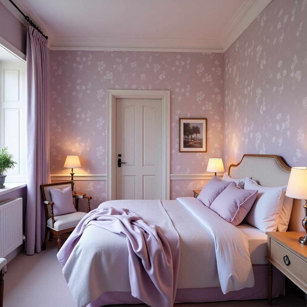 A cozy bedroom with lilac wallpaper. The bed is made with soft lilac linens. Two bedside lamps provide warm lighting. A small chair is in the corner. The walls feature floral patterns.