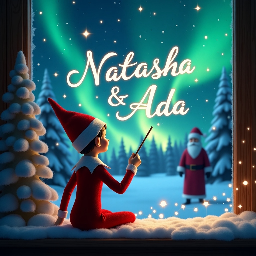 An elf on the shelf faces a magical winter night sky. The elf is dressed in red, using a wand to write names 'Natasha' and 'Ada' among twinkling stars. The stunning northern lights create a mystical ambiance. Surrounded by snow-covered trees, the elf's perspective includes a silhouette of Santa, enhancing the Christmas spirit.