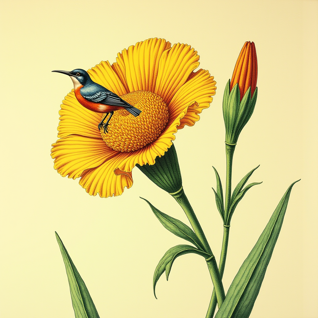 A vivid, colorful bird rests on a large, blooming yellow flower against a pale yellow background.