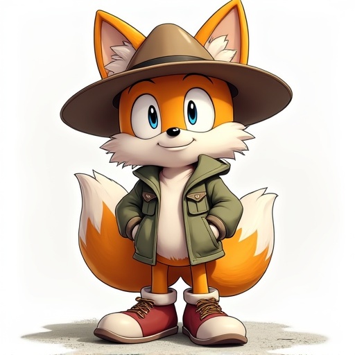 Draw fox character Tails wearing park ranger hat and hoodie. No background in the image.