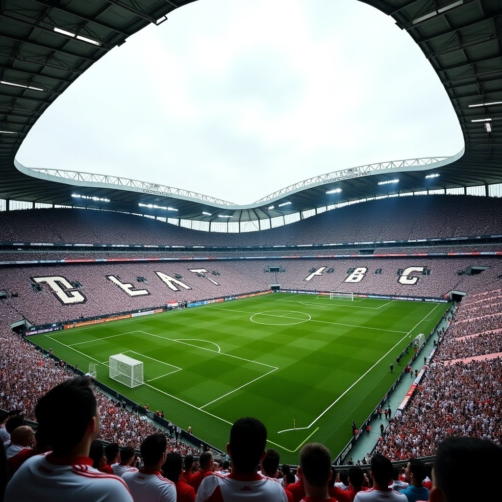 Image of a modern soccer stadium filled with spectators. Soccer field is lush and green. Sleek design with a partially covered roof. Electric atmosphere suggests a high-profile match. Overcast sky provides dramatic setting.