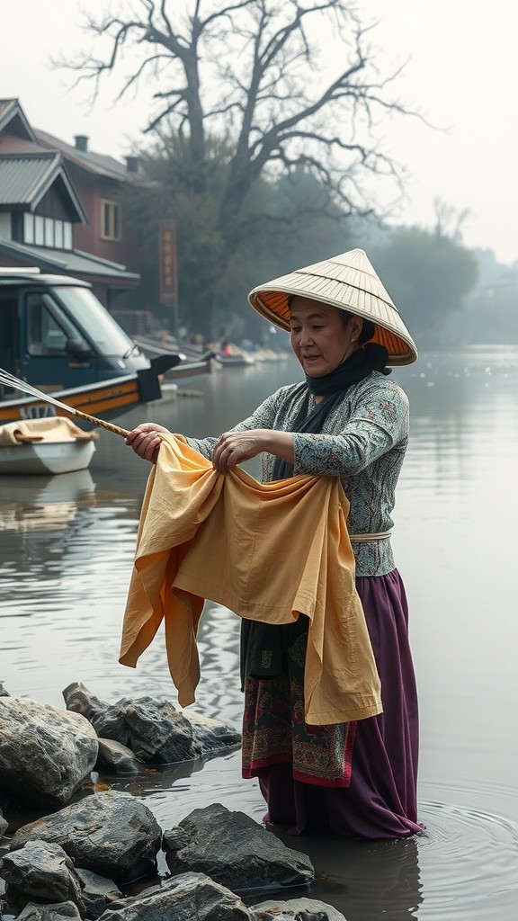 A woman wearing traditional attire and a conical hat cleans clothes by a riverbank.