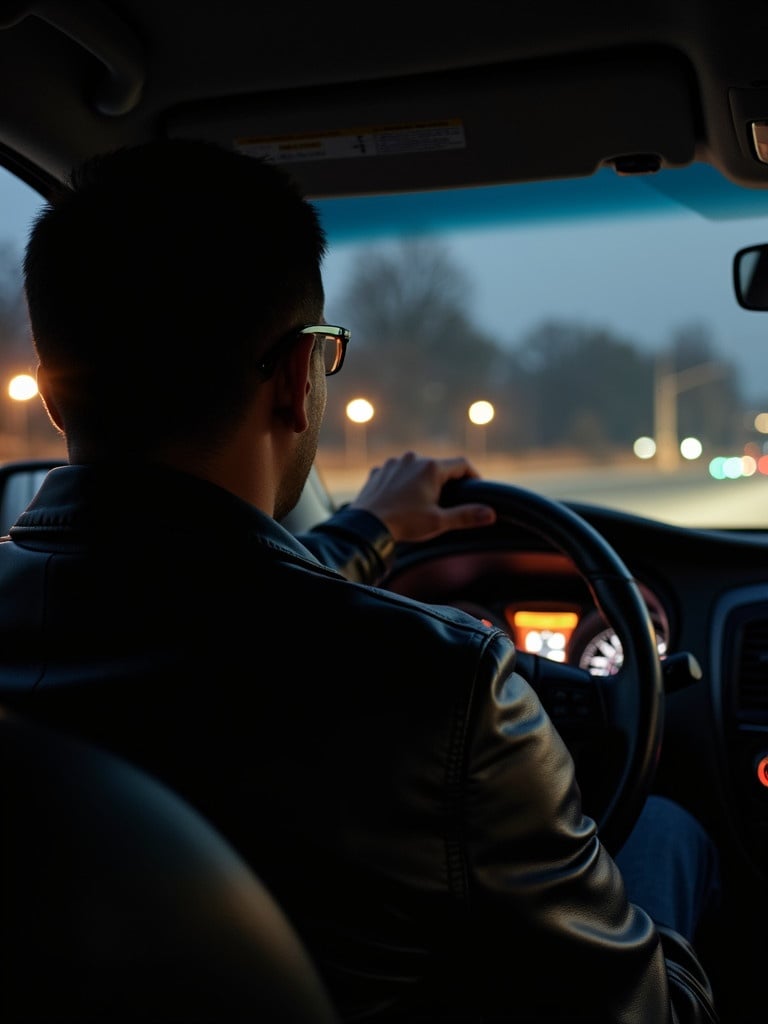 Person drives car wearing leather jacket. Nighttime setting with city lights outside windshield. Focus on driver and steering wheel.