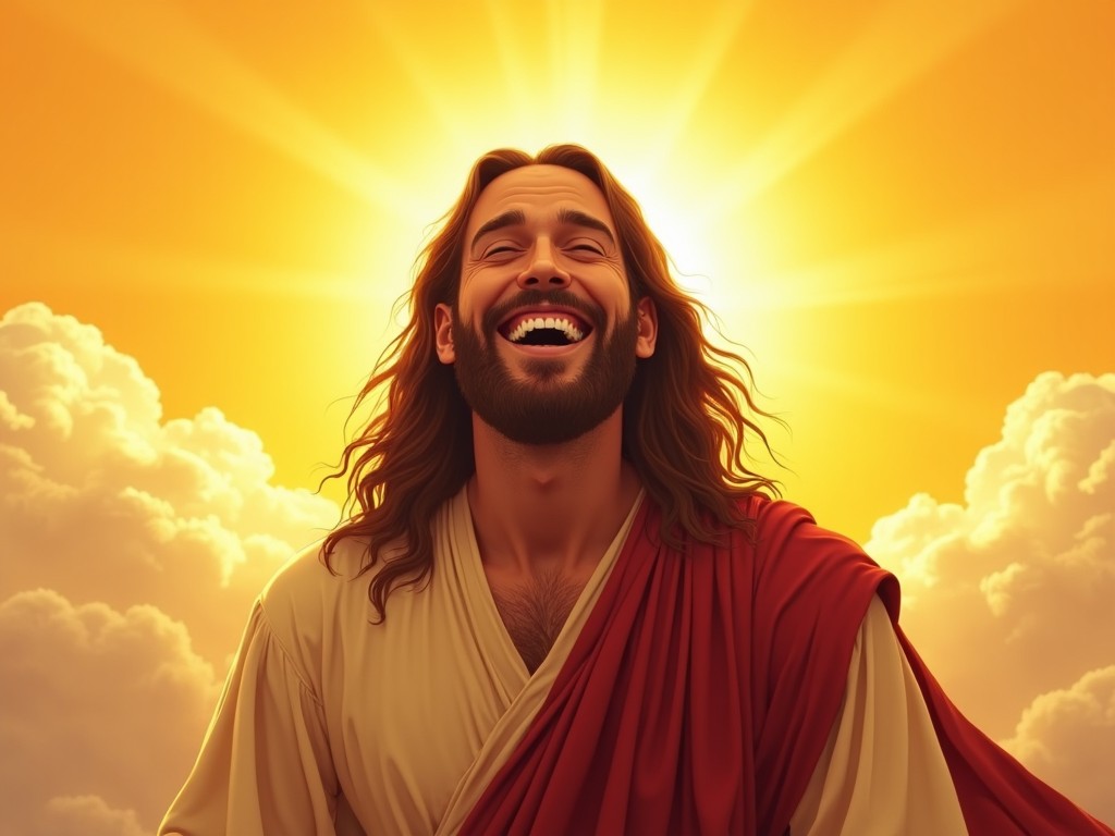 a smiling figure with long hair and a beard, dressed in red and beige robes, standing against a radiant golden background, clouds beneath, exuding warmth and joy