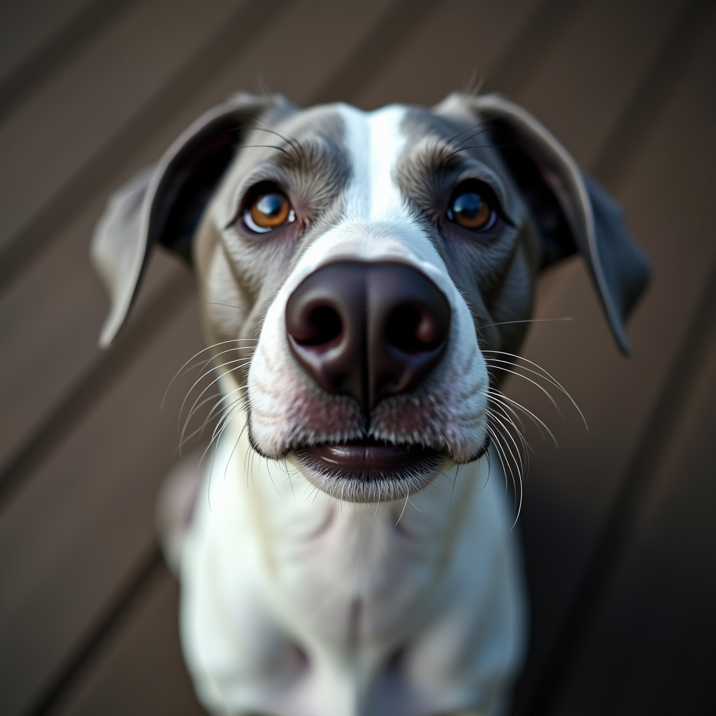 A close-up perspective of a dog's nose and eyes, capturing its curious expression.