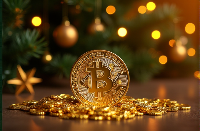 A gold Bitcoin stands prominently on a pile of smaller coins, surrounded by festive christmas ornaments and glowing lights.