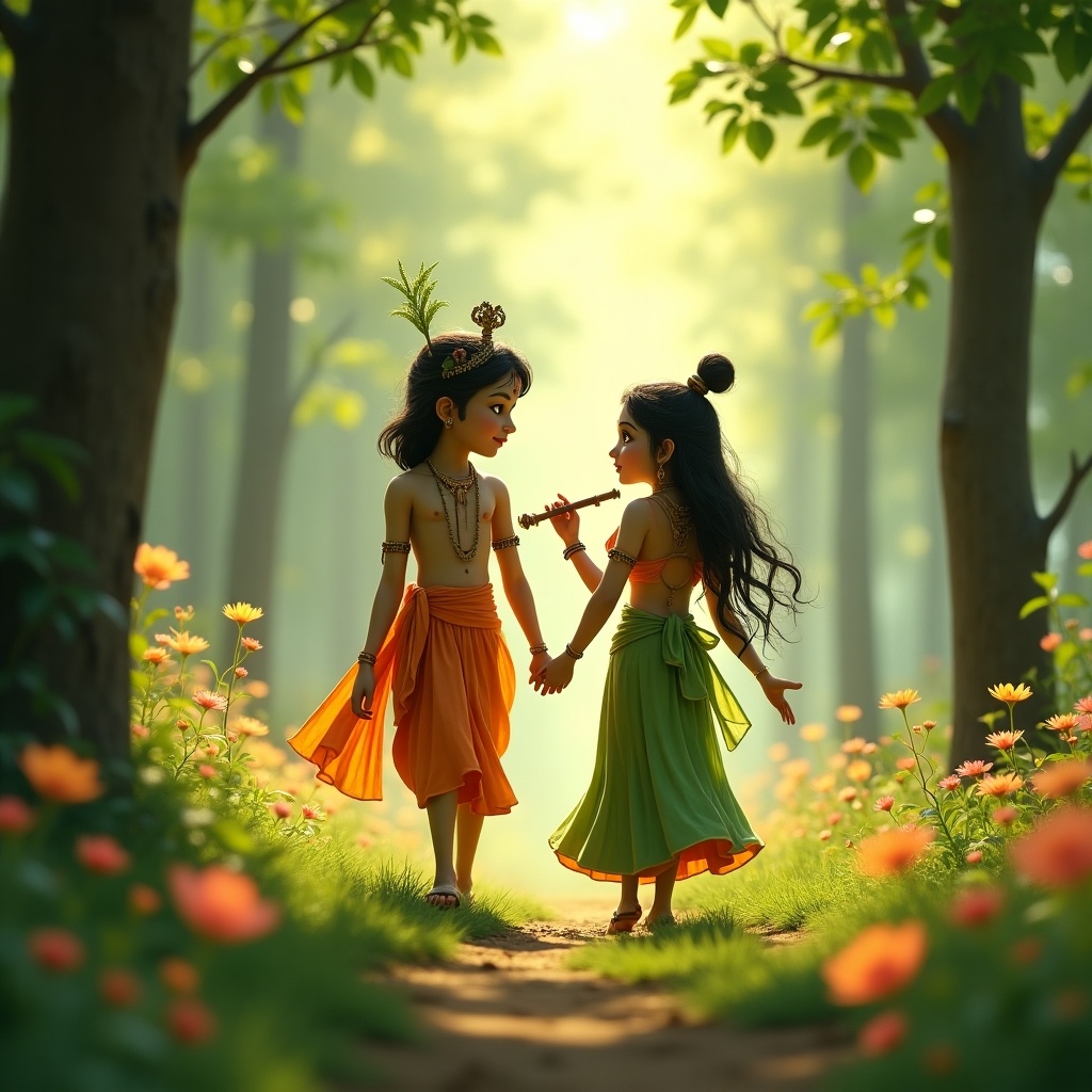 This image depicts two children, inspired by Radha and Krishna, walking hand in hand through a lush green forest. They are dressed in vibrant attire, with Krishna holding a flute. The atmosphere is serene with soft morning sunlight streaming through the treetops. The setting evokes feelings of innocence and divine love, typical in mythological storytelling. It's a charming representation of cultural heritage, suitable for various artistic uses.