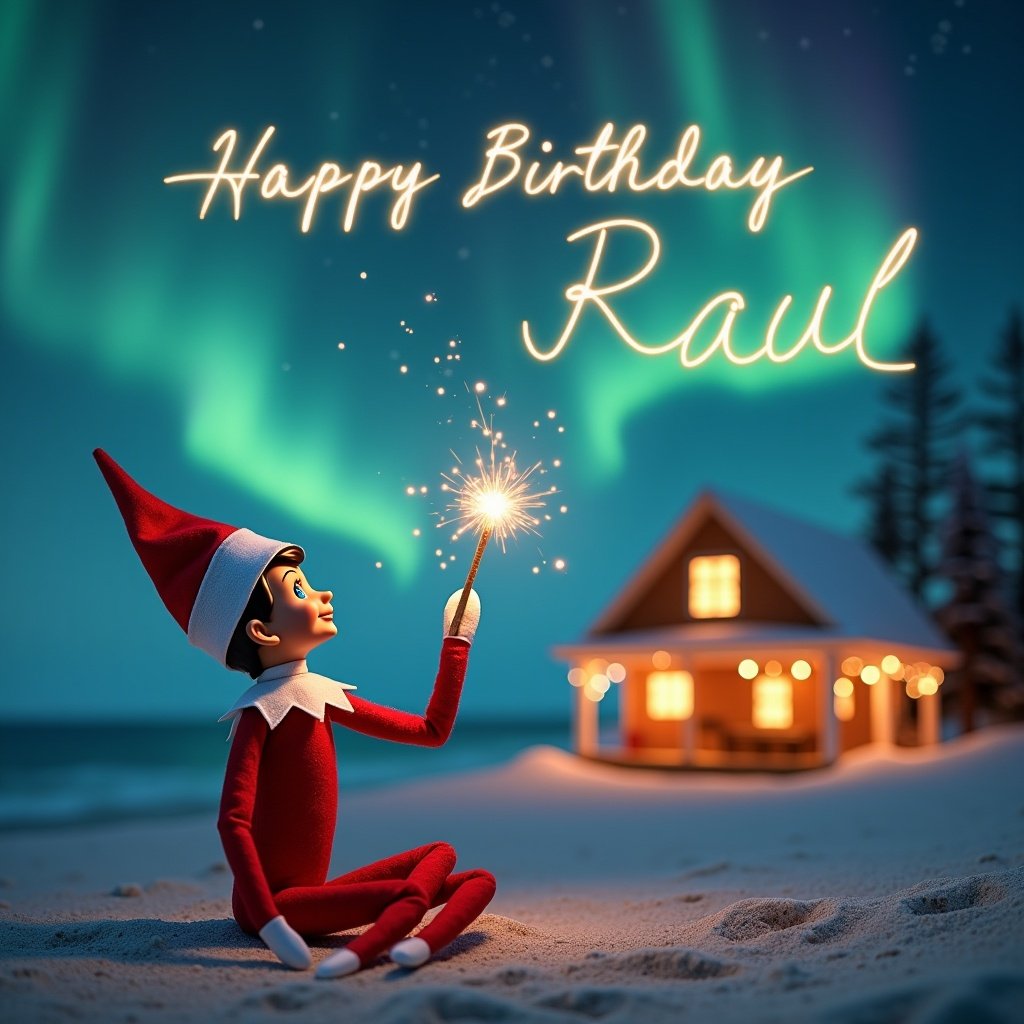 An elf on the shelf gazes skyward while sitting on the beach. The elf holds a glowing wand that sparkles light. A Christmas scene with colorful northern lights and a cozy beach house are in the background. The ground is covered in beach sand, enhancing the festive spirit. The words 'Happy Birthday Raul' are illuminated in the air by the wand.