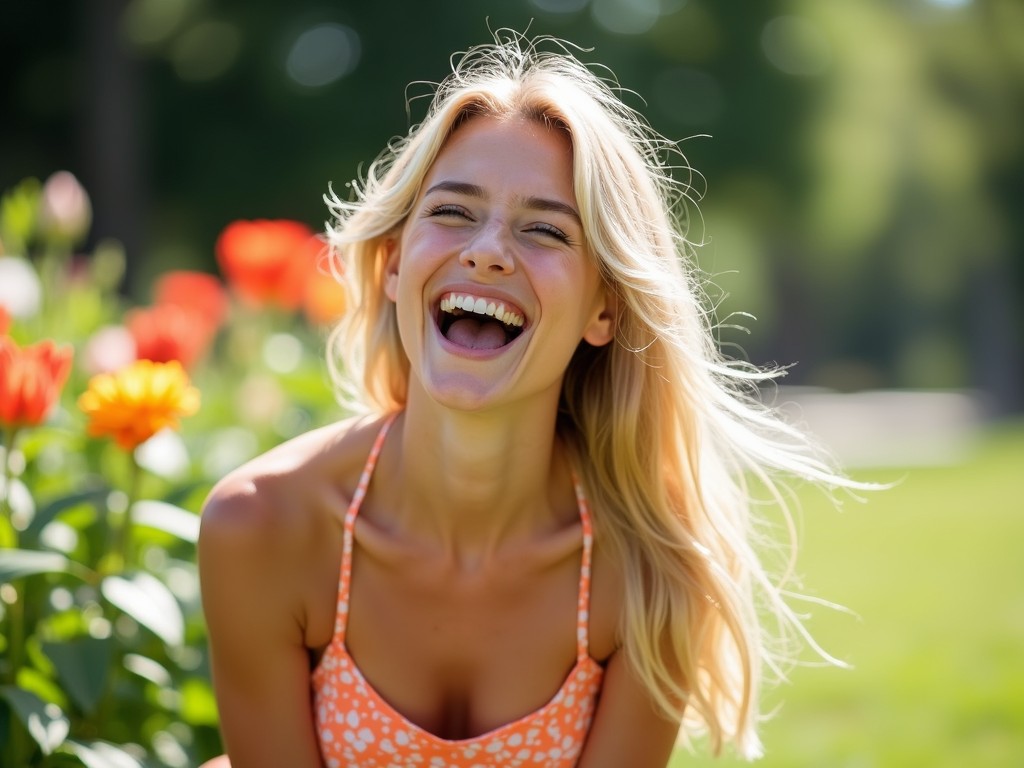 A young woman with blonde hair smiles joyfully while surrounded by vibrant flowers in a sunlit garden. Her cheerful demeanor is highlighted by the bright, sunny day and the colorful blooms, creating a lively and uplifting atmosphere. The background features a soft green blur, emphasizing her happiness and the vivid floral arrangement.