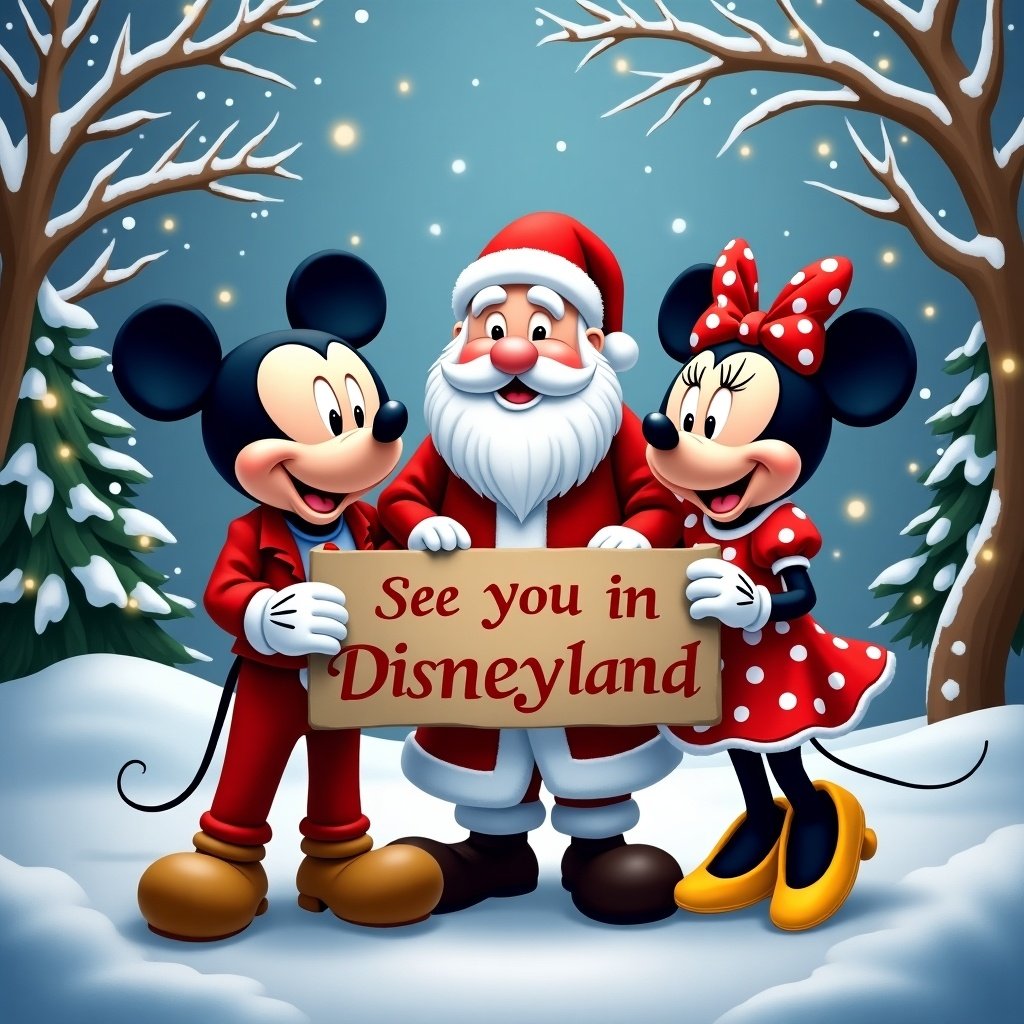 Mickey Mouse and Minnie Mouse with Santa Claus in a snowy landscape. They are holding a sign that says 'See you in Disneyland'.