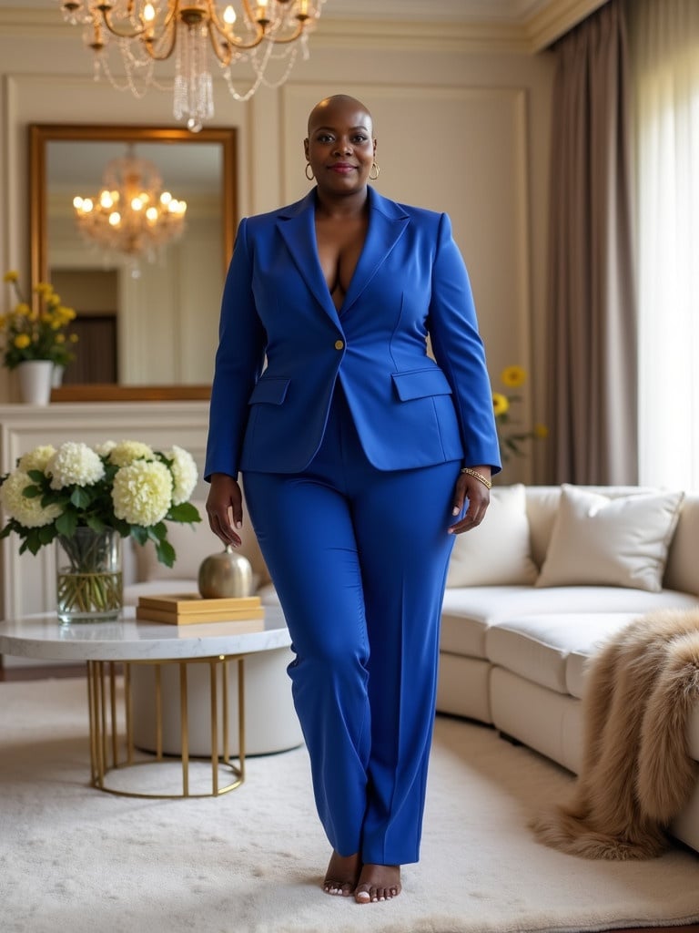 A beautiful black woman with a curvaceous body stands confidently in an opulent living room. She wears a sharply tailored royal blue suit. The living room exudes luxury with plush fur throws on a cream sofa. Soft light filters through sheer curtains. A grand chandelier sparkles above. The decor features polished gold and marble accents. The woman's makeup is understated yet radiant. She is barefoot on an ivory rug. The scene embodies strength and elegance in a serene atmosphere.