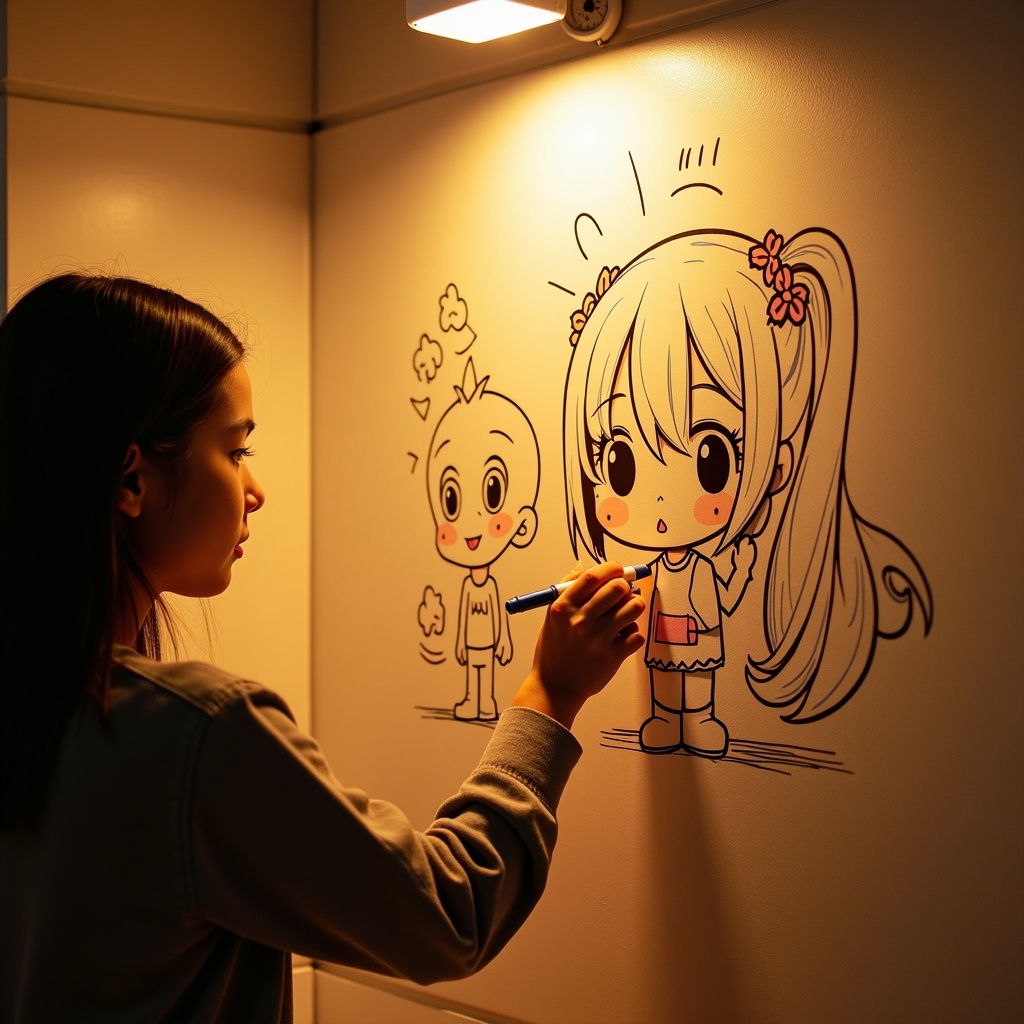 Person draws cute characters on a wall in warm lighting. Characters are engaging and playful. Wall art enhances the space.