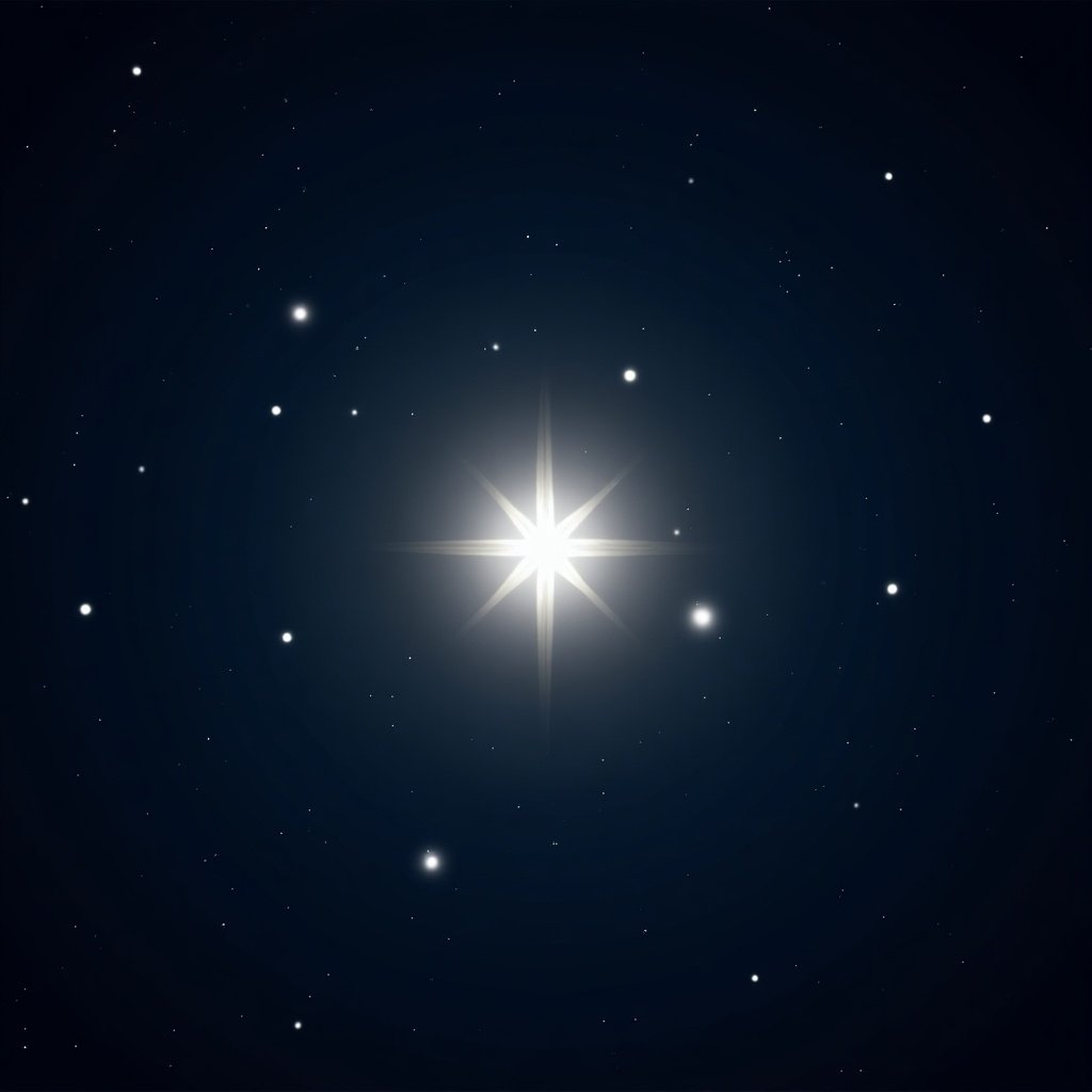 Bright star in a dark night sky. Twinkling stars surround the bright star.