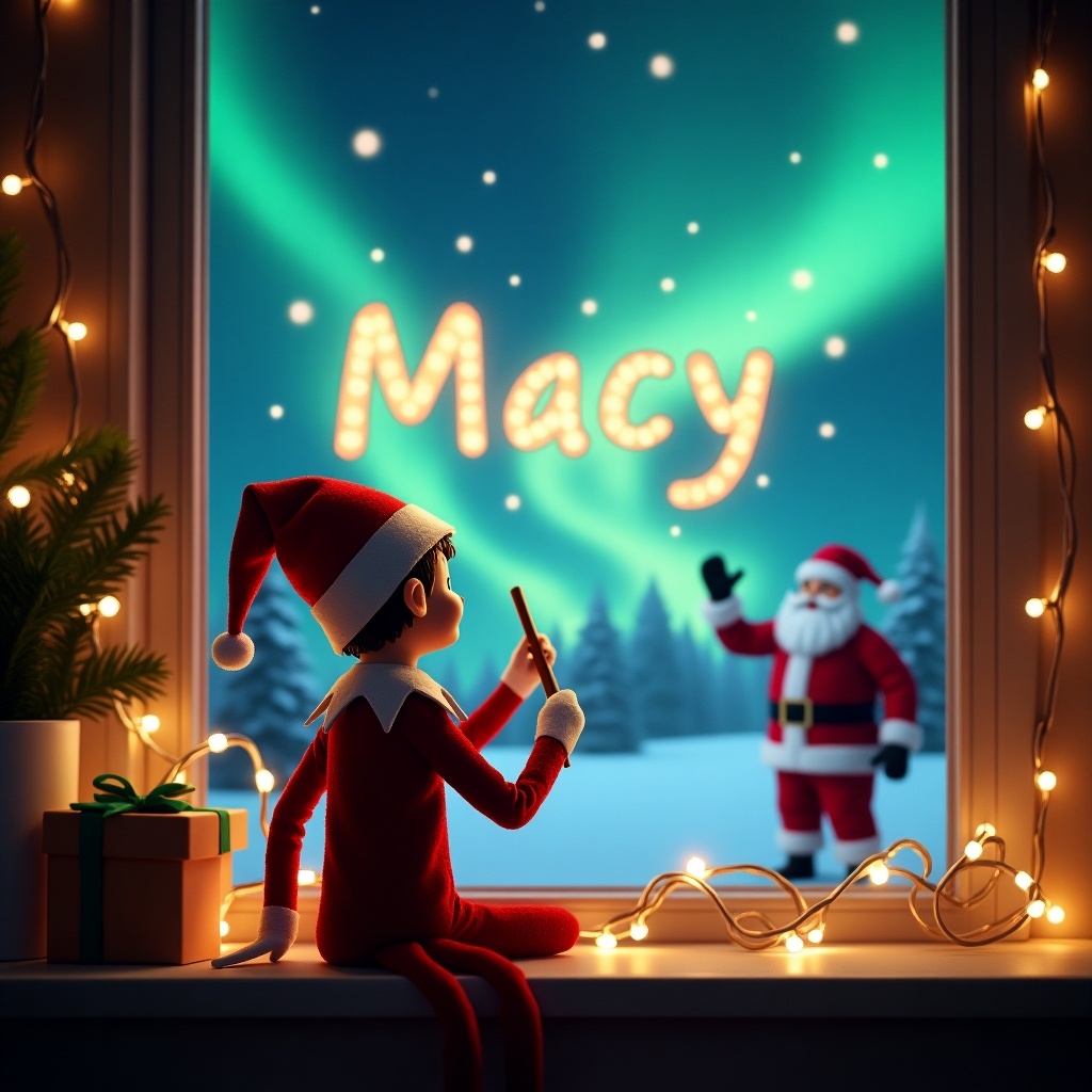 An elf writing Macy outside on a snowy window ledge with glowing letters. Magical northern lights are visible. Santa Claus waves outside. The environment has sparkling lights. The scene shows a warm holiday atmosphere and spirit of Christmas.