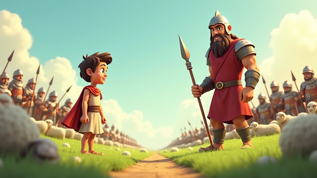 3D cartoon illustration of David as a young boy in green pastures with sheep around him standing against Goliath with the Philistine army in the background. Dynamic establishing shot showing David looking determined and Goliath sneering. David wears shepherd attire while Goliath dons shining armor and holds a spear.