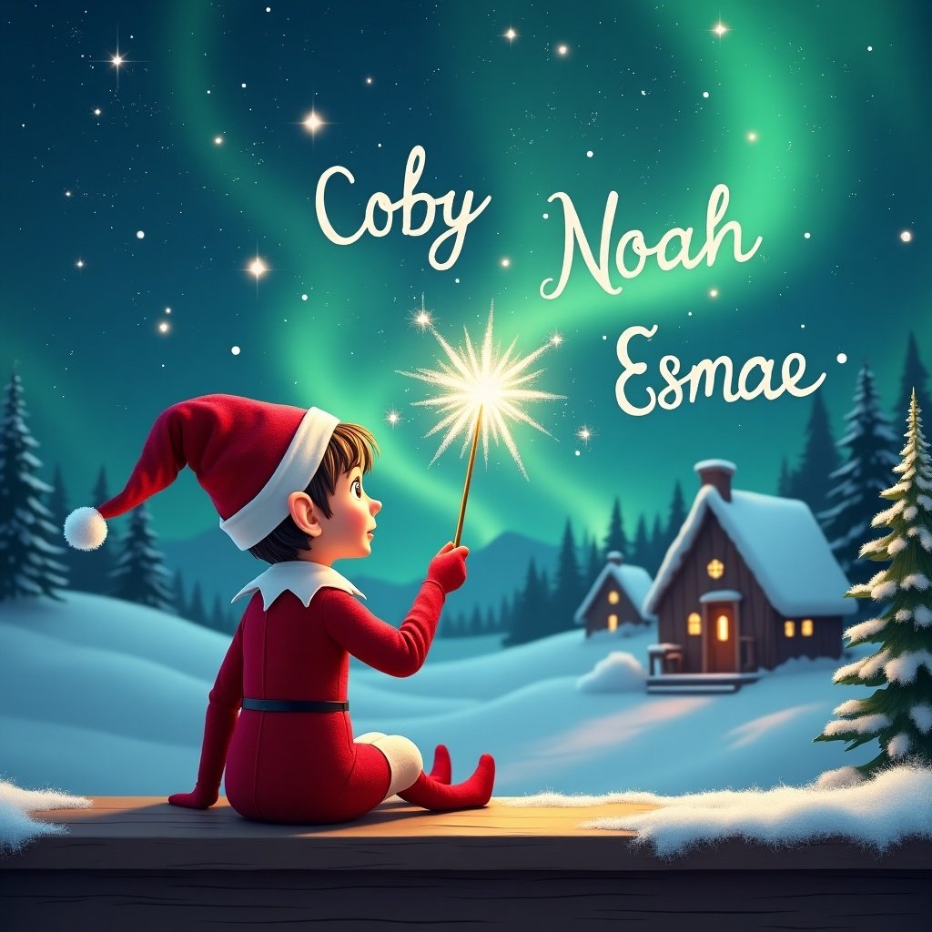 Elf sits on ledge with back to camera. Elf wears red outfit and pointed hat. Elf holds sparkling wand and writes names in the sky. Background has snowy landscape and charming little houses under Northern Lights.