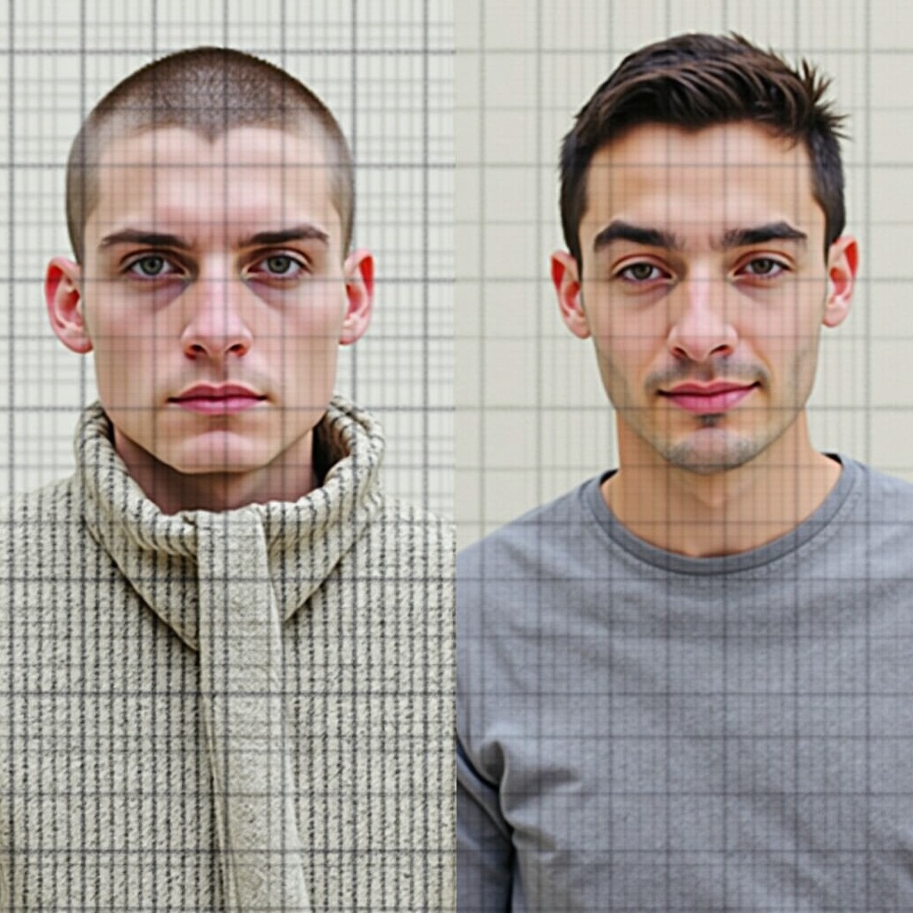 The image features two male subjects side by side. One has a shaved head and wears a textured, high-collared sweater, while the other has slightly longer hair and wears a simple gray shirt. Both are facing the camera with neutral expressions. The background is a soft, neutral tone that complements their outfits. There is a subtle grid pattern overlay, creating a modern and stylized effect. The lighting is soft, emphasizing their features without harsh shadows.