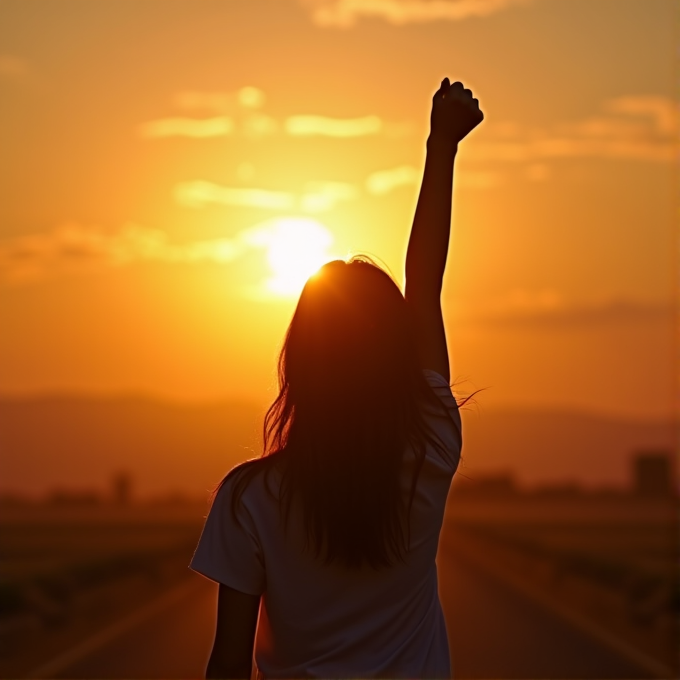 A silhouette of a person raising their fist towards the sunset, symbolizing victory and hope.