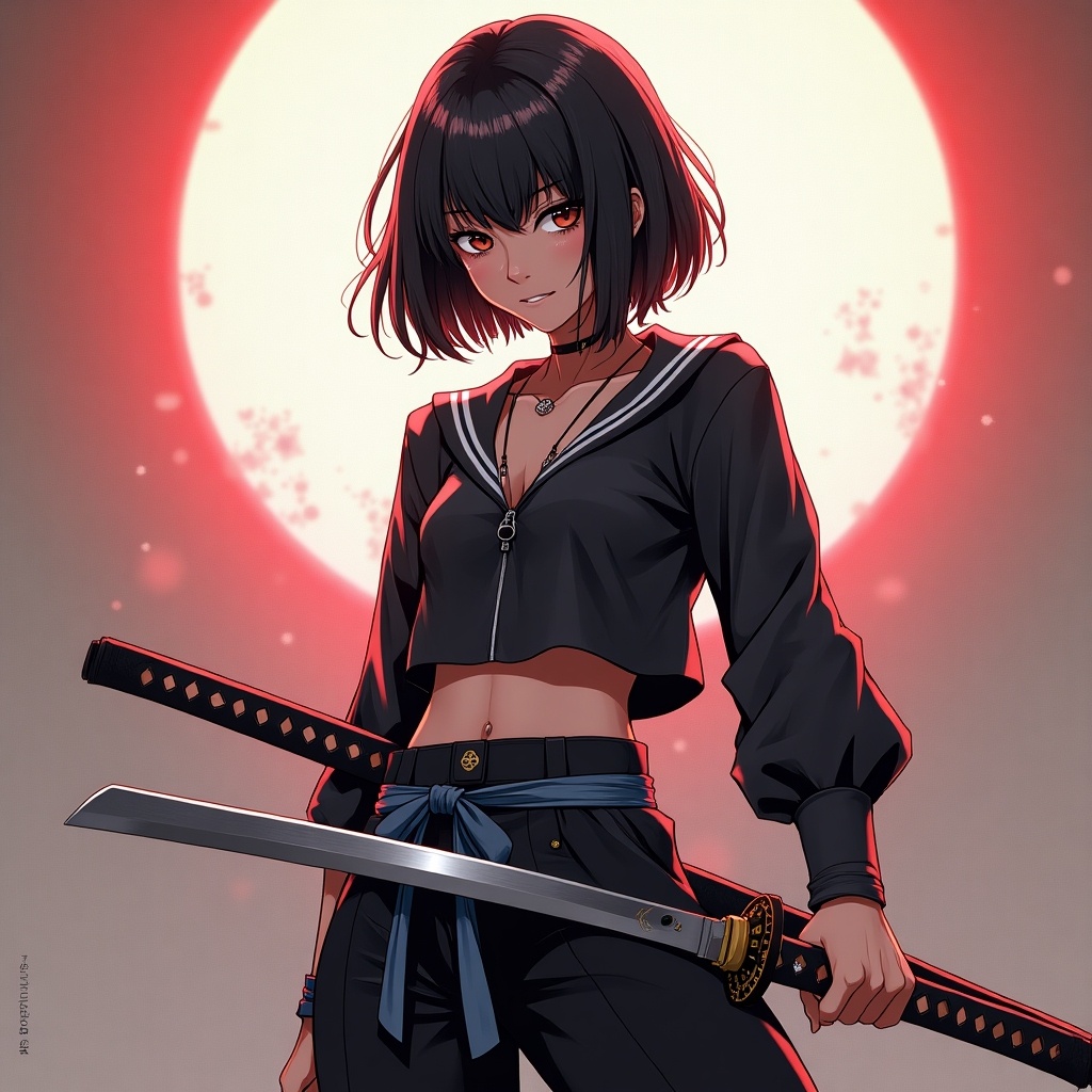 Create an image of a stunning anime girl with a bob haircut, depicted as a warrior. She should be shown from the waist up, confidently holding a katana. The style should blend elements of cyberpunk with traditional Japanese samurai traits, giving her a modern and fierce appearance. The background features a striking red circle, reminiscent of the sun, enhancing the dramatic effect. Ensure she looks around 20 years old, embodying beauty and strength, but avoid a overly cartoonish style.