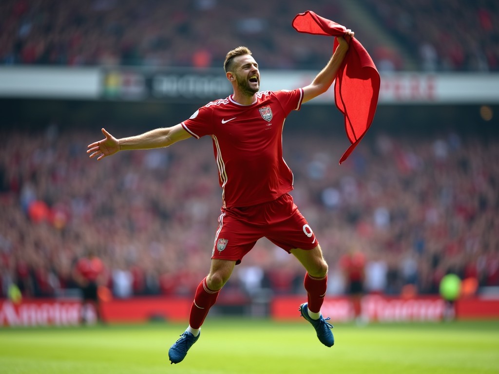 The image showcases an athlete in a vibrant red soccer jersey performing a jubilant celebration. The player is captured mid-air, holding a small flag, embodying the thrill of the moment. Surrounding him is an energetic crowd, their cheers echoing the excitement of the game. Bright colors dominate the scene, enhancing the uplifting mood. This dynamic moment illustrates the joy of scoring and the strong bond between the player and the supporters.