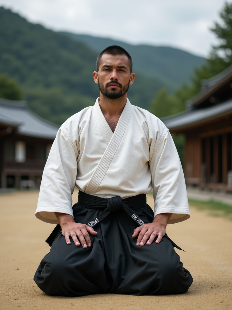 Aikido practitioner in black hakama and white keikogi kneeling in seiza position. Ancient Japanese landscape in the background. Natural outdoor setting.