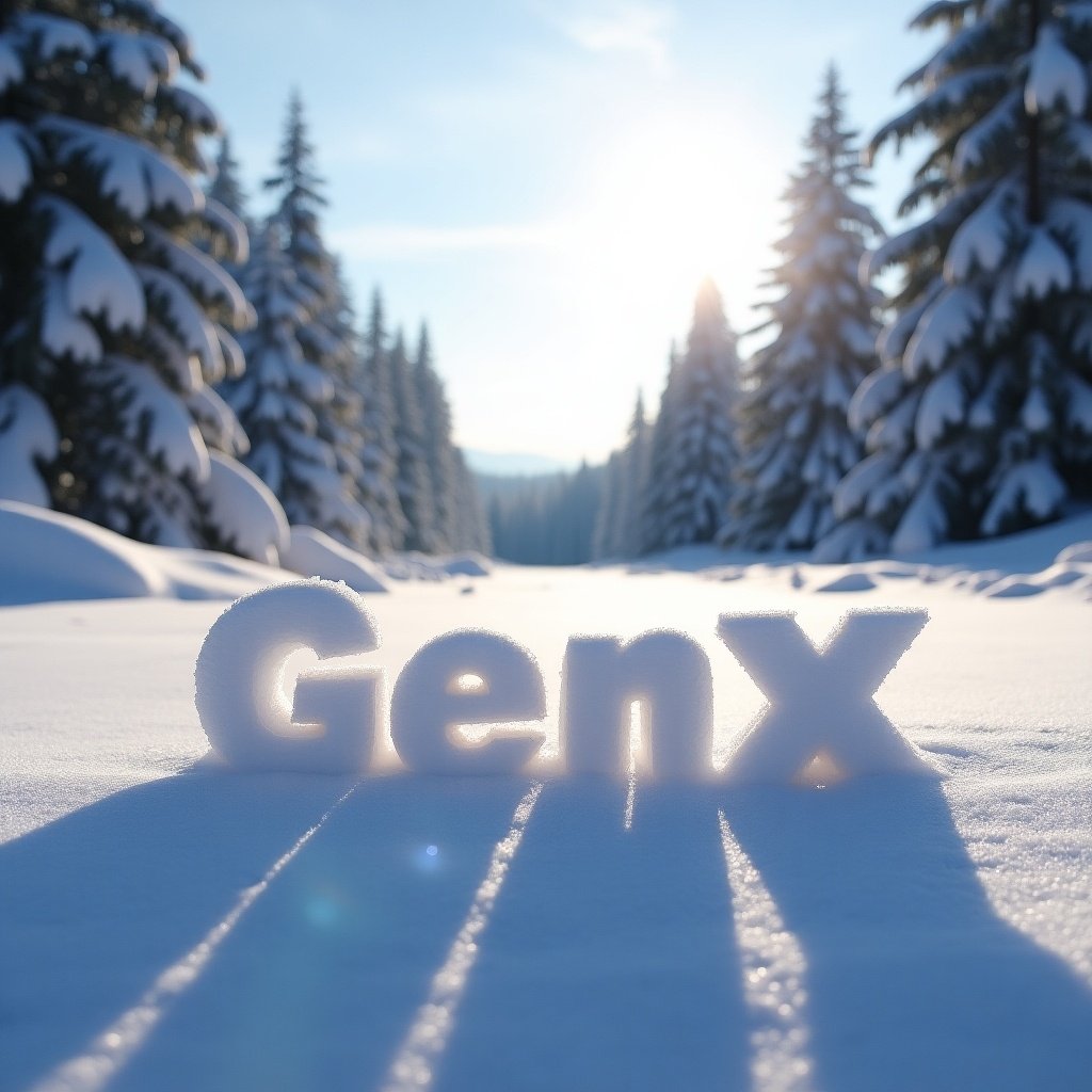 Name GenX written in snow with winter landscape. Snow-covered trees in the background. Bright sunlight shining in the sky.