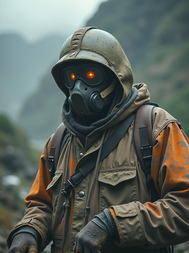 A figure dressed in protective clothing stands in a foggy environment. The figure wears a gas mask with glowing orange eyes. The surrounding landscape depicts a recycling zone with muted colors. Details show the figure's military-style jacket has rust-like stains. The atmosphere feels tense and foreboding. The setting hints at a hazardous situation related to waste management.