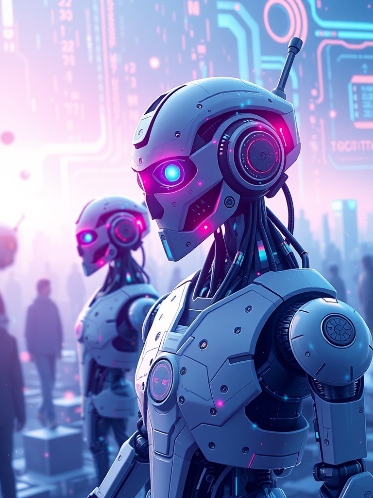 The image depicts humanoid robots with a futuristic design, characterized by sleek white bodies and vibrant neon blue and pink lights. These robots are set against a digital-urban backdrop, suggesting a high-tech city environment. The composition creates a sense of advanced technology and innovation, eliciting both intrigue and a contemplative view of artificial intelligence.