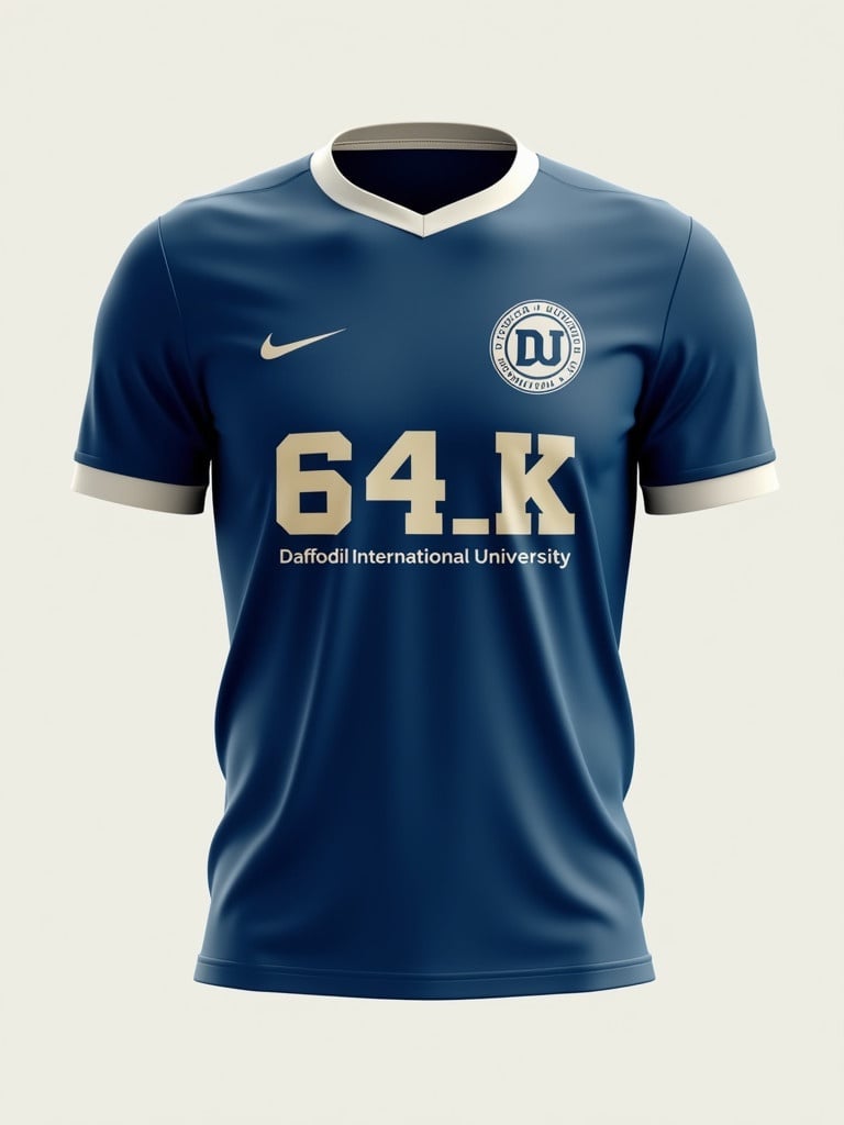 Deep blue retro soccer jersey design inspired by classic vintage styles. Jersey has slightly loose fit with white accents on collar and cuffs. Logo '64_K' displayed prominently across chest. Below it 'Daffodil International University' right in the middle. Design has retro aesthetic with minimalistic elements. Neutral background to enhance focus on the jersey design.