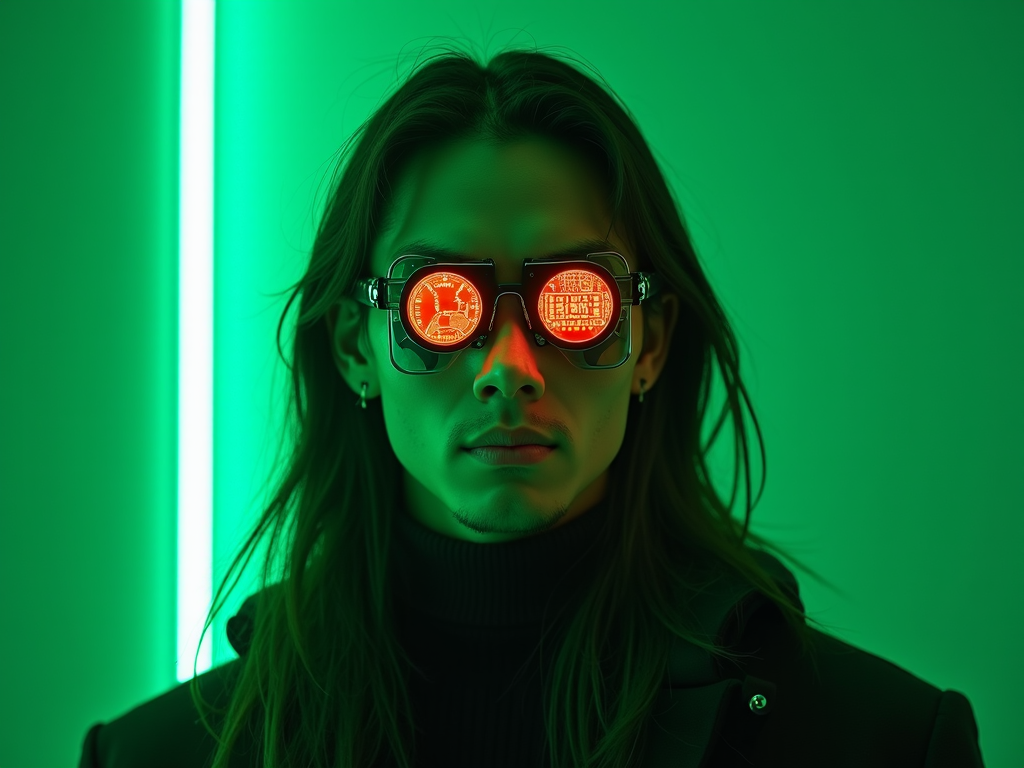 A person wearing futuristic red glowing goggles stands against a green backdrop.