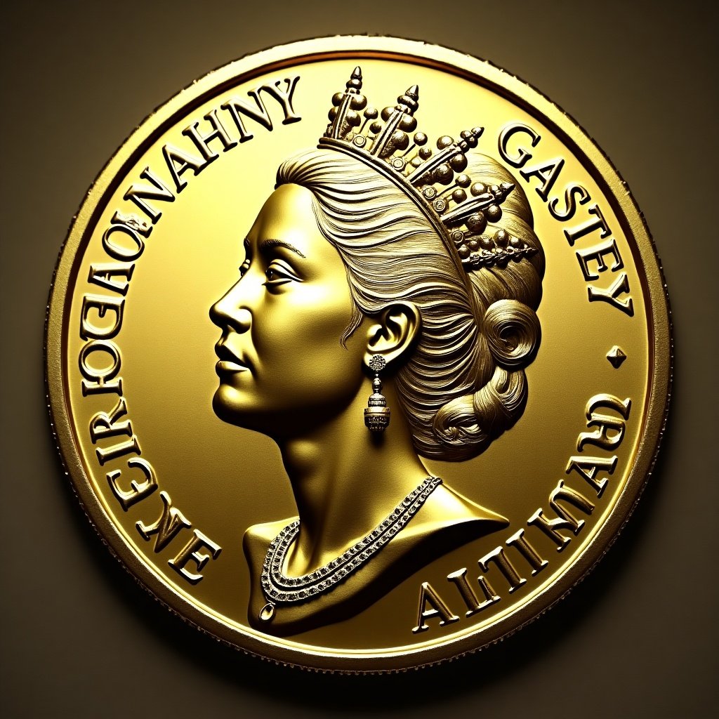 One gold coin featuring a queen with intricate detailing. The text Marly Rasta appears on the coin. Close-up perspective shows the queen's profile.