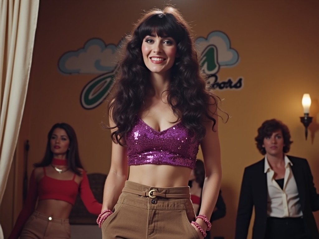 a woman in a purple sequin top smiling at a party with a retro 1970s vibe, surrounded by people in stylish attire