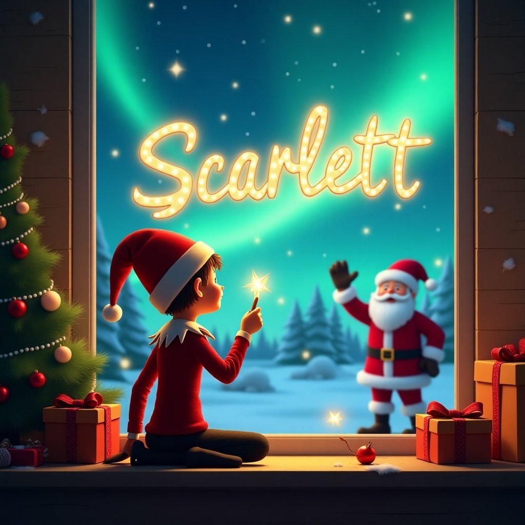 A whimsical scene featuring an elf on the shelf sitting with his back to the viewer. He is facing the magical Christmas sky, using a wand to elegantly write the name 'Scarlett' in bright, glowing letters among the northern lights. In the background, Santa Claus waves cheerfully, enhancing the festive atmosphere. The foreground includes Christmas decorations and gifts, setting a cozy holiday vibe. The overall image captures the enchantment of Christmas and the joy of childhood imagination.