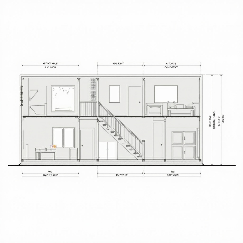 This image showcases a detailed architectural section plan of a two-story building. It illustrates the layout of various rooms such as a kitchen, hall, and storage areas, along with a WC. The plan includes specific measurements and annotations that signify different dimensions and components of the structure. Distinct markings indicate the placement of windows and doors. A prominent feature is the staircase that connects the two floors, offering insights into the interior arrangements, including tables and cabinets.