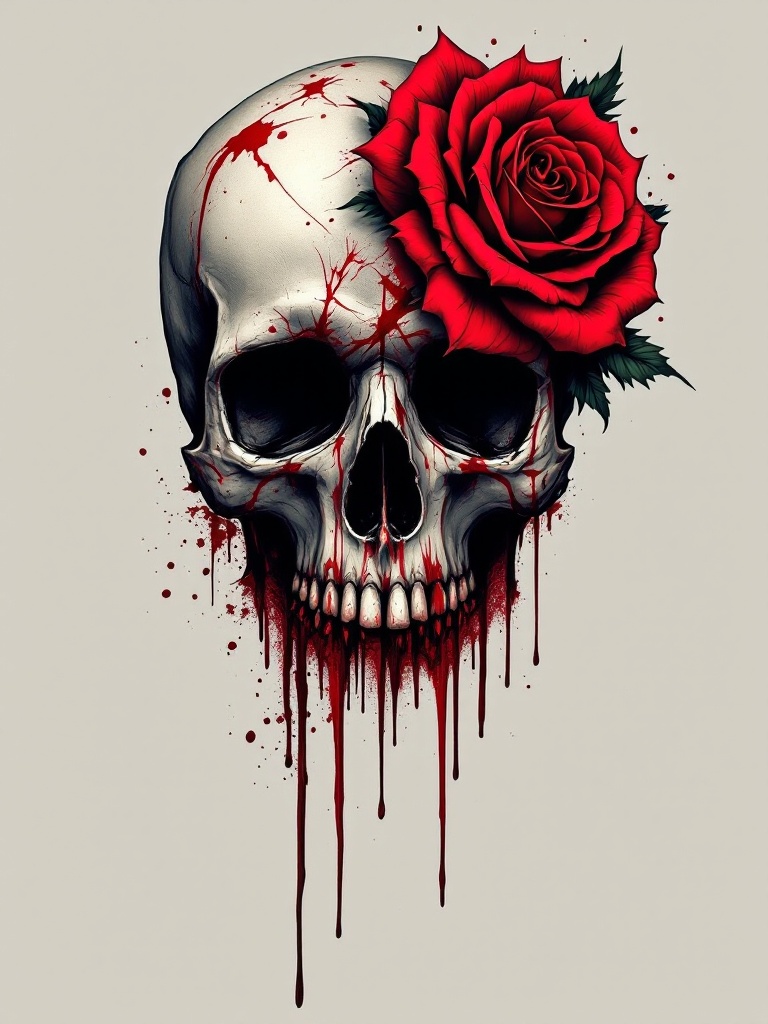 Tattoo design featuring a skull with blood and red roses. Skull in center with decorations. Floral elements enhance overall look. Dark theme with contrasting colors.