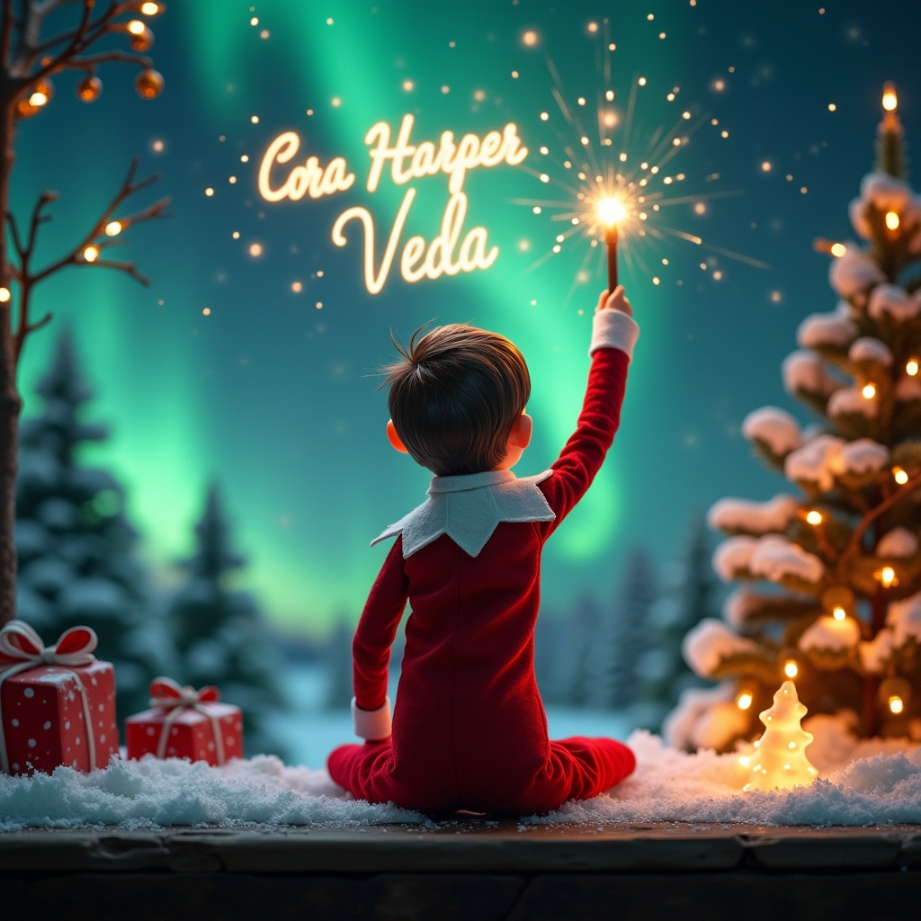 An enchanting Christmas scene featuring an elf on the shelf, who is facing the sky with his back to the viewer. The elf, dressed in red and white, wields a magic wand, writing 'Cora', 'Harper', and 'Veda' in a glowing script above him. The backdrop is adorned with vibrant northern lights, adding a magical ambiance. The scene is festive, portraying the spirit of Christmas with a whimsical twist. The elf's position and action create a sense of wonder and excitement that captures the joy of the holiday season.