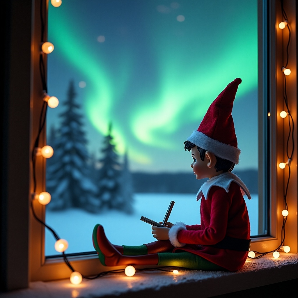 An elf is sitting by a window, looking out at a beautiful display of northern lights in the night sky. The elf, dressed in traditional Christmas colors, holds a writing tool as if taking notes. Outside the window, a snowy landscape adds to the magical winter atmosphere. Glowing fairy lights are draped over the window sill, enhancing the cozy feeling of the scene. In the sky, the vibrant colors of the aurora borealis dance, creating a breathtaking backdrop. The mood is festive, capturing the excitement of the holiday season.