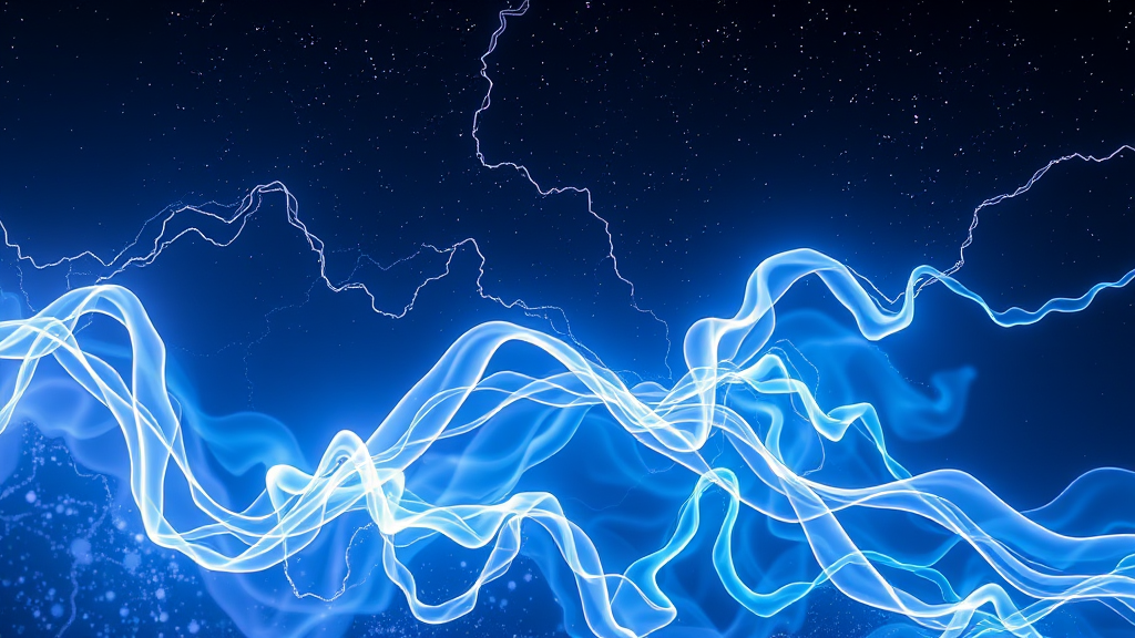 A vibrant blue and white abstract image depicting swirling energy waves under a starry sky.