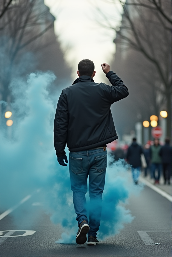 A person is walking down a street amidst a cloud of vibrant blue smoke, wearing a black jacket and jeans, with a raised fist in a gesture of protest.