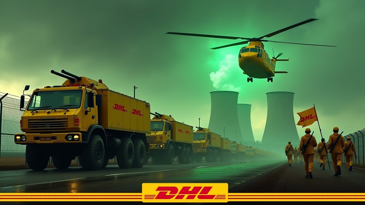 In a dramatic scene, several large yellow armored trucks equipped with prominent roof-mounted cannons drive up to a fence. The sides of the trucks display the DHL logo. Nearby, several soldiers in yellow uniforms march together, with one holding a flag featuring the DHL logo. The background showcases the towering smokestacks of a nuclear power plant illuminated with a green glow. Above, a Chinook CH-47 helicopter flies, enhancing the scene's intensity. The visual captures a blend of military themes and logistics branding.