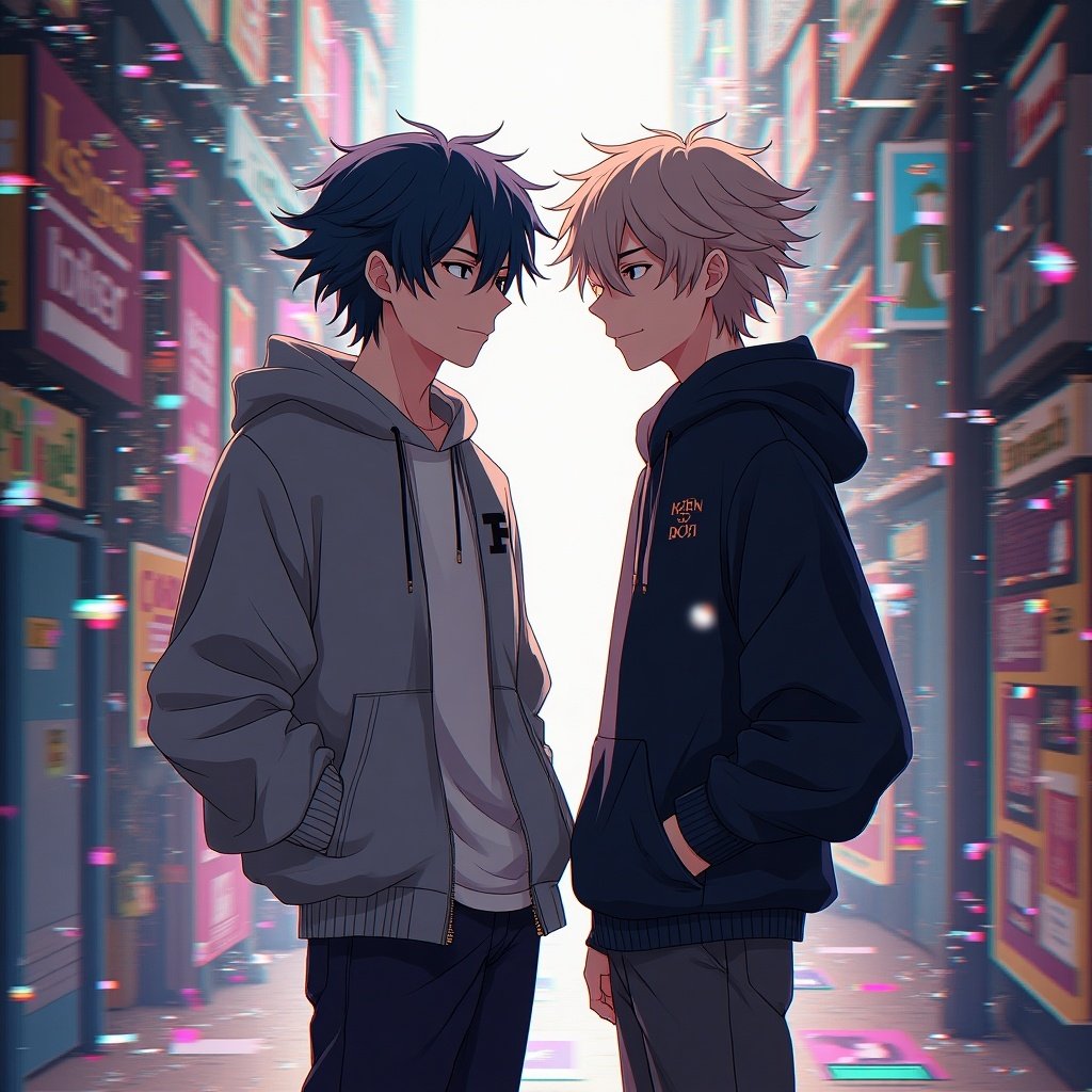 Anime style image of two teen boys in a glitched environment. They appear close to each other. Bright colors fill the background. The atmosphere seems dreamlike.