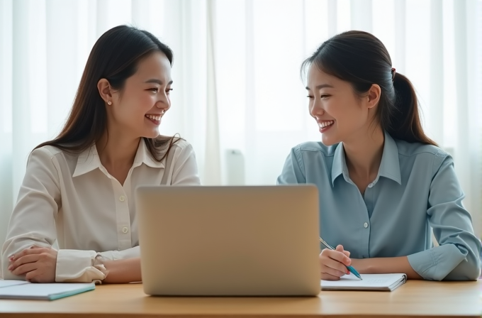 Two women are smiling at each other while working at a table with a laptop.